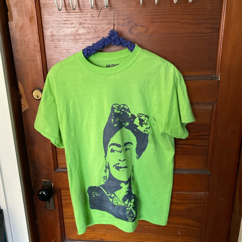 Lime green Friday Kahlo upcycled screenprinted cotton t-shirt